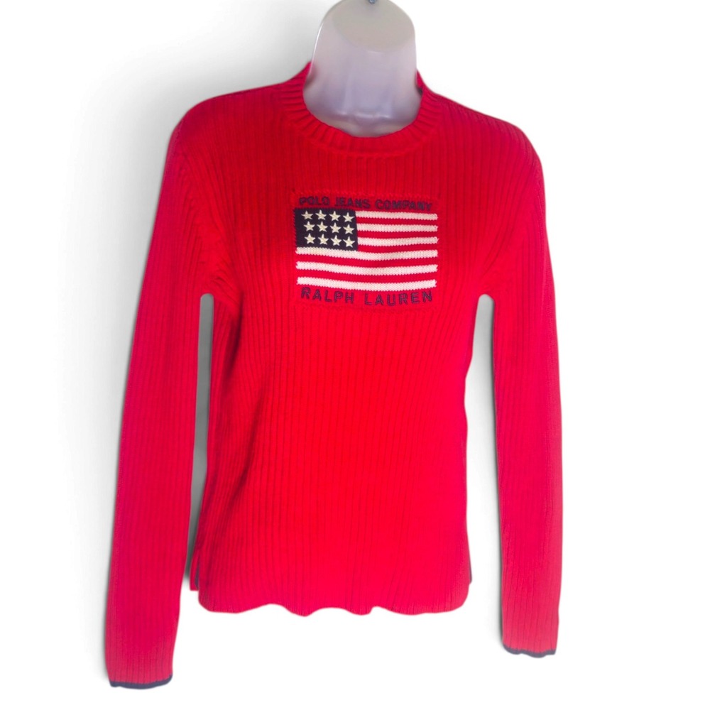 Polo Jeans Co Ralph Lauren Red Ribbed American Flag Sweater Womens Large Vintage